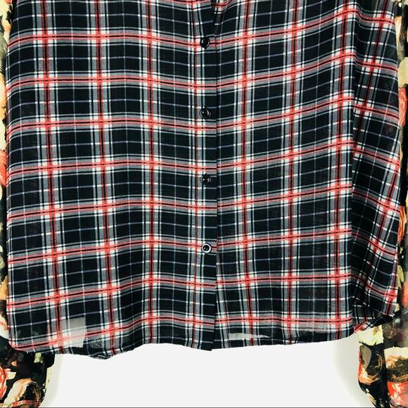 Sans Souci black red floral plaid sheer button grunge preppy top large - Picture 3 of 6